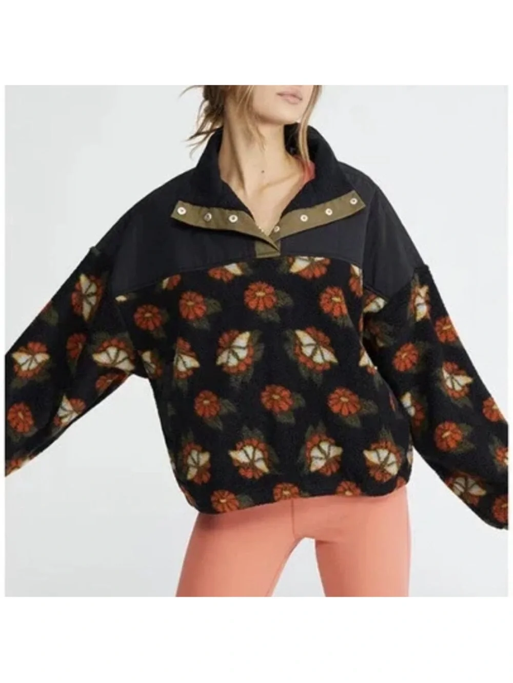 Pacsun butterfly garden floral half snap sherpa fleece jacket womens M